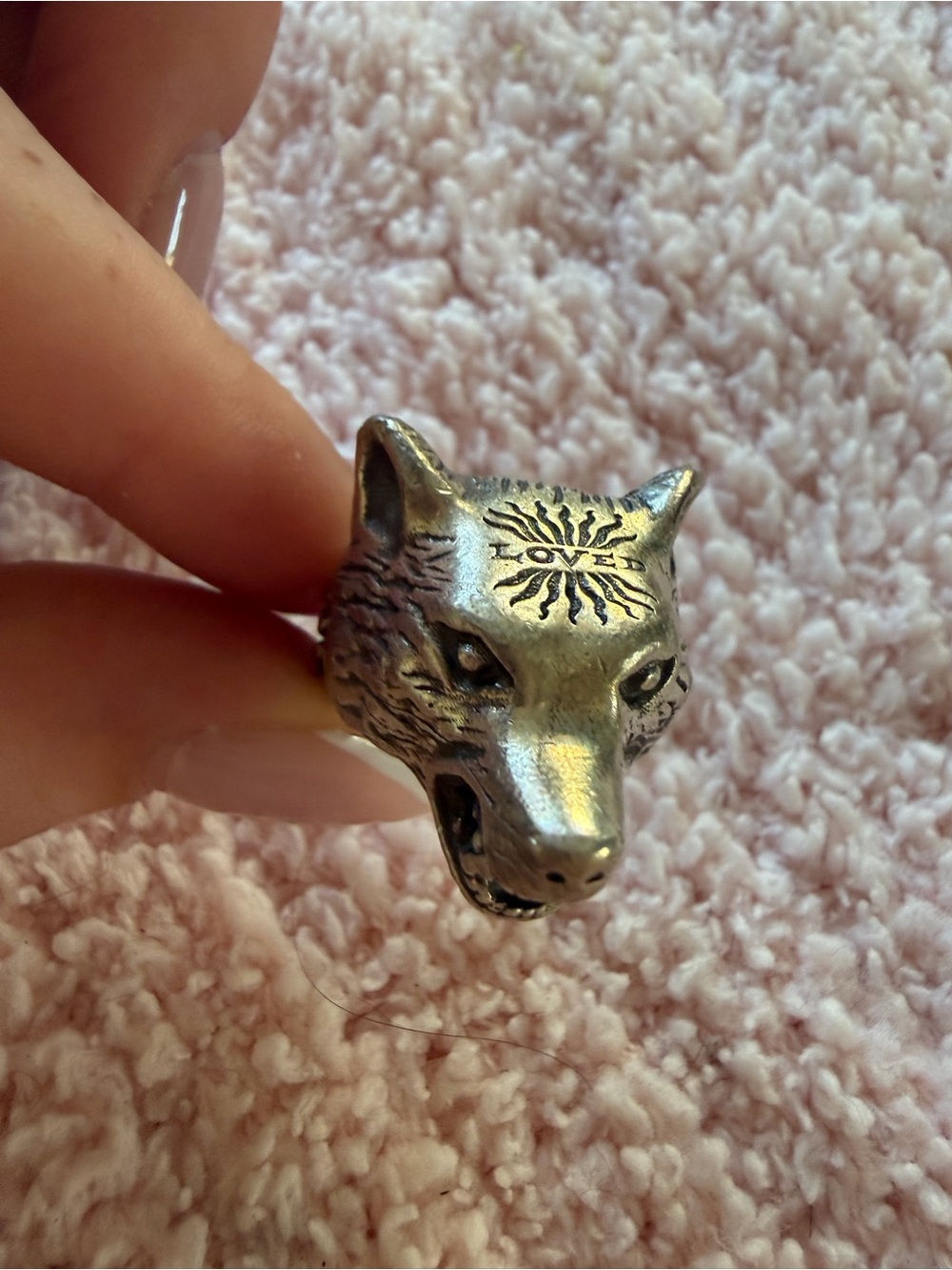 Gucci Silver Wolf Head Ring with Sun Motif